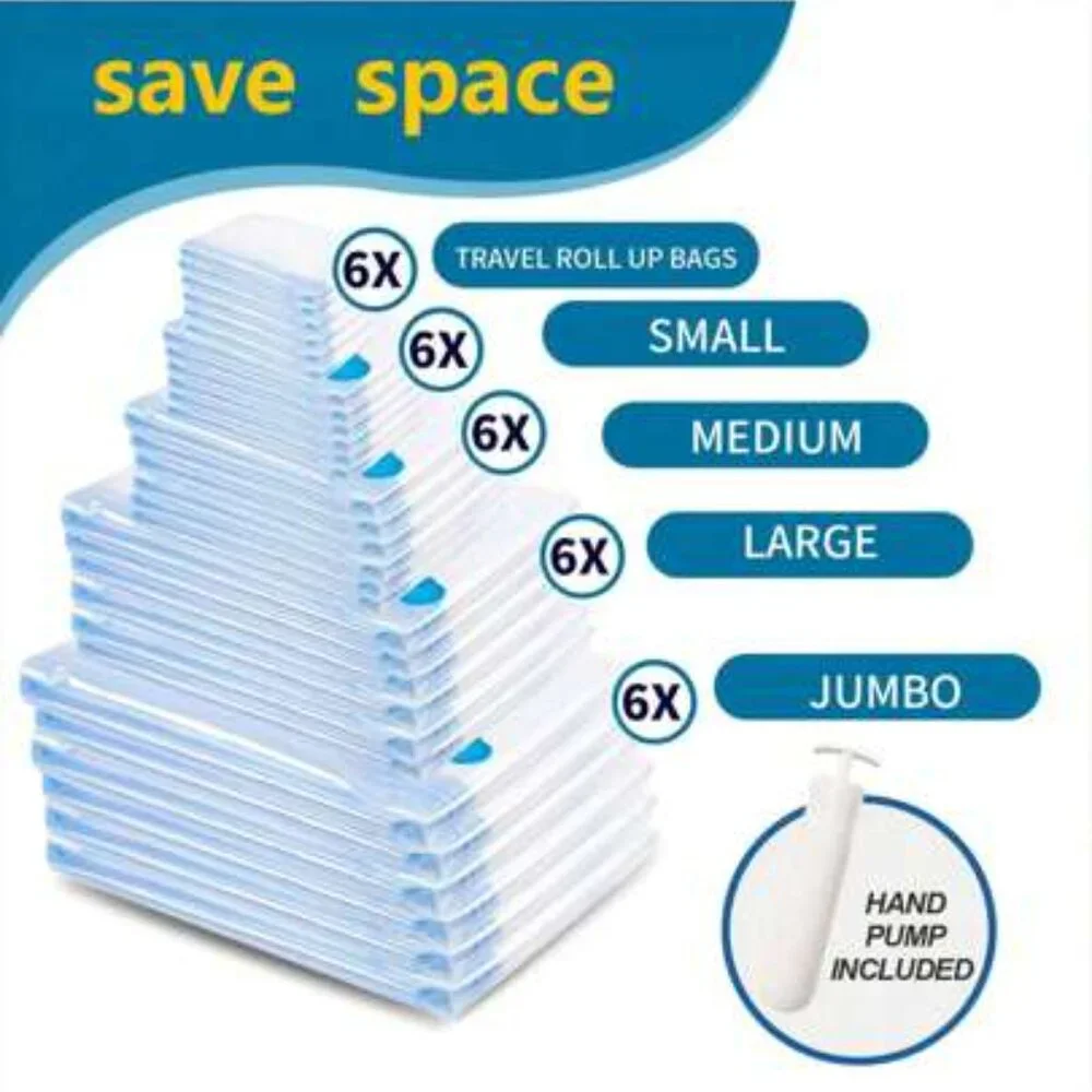 30 Pack Vacuum Sealer Bags for Clothes Storage, Hand Pump Included